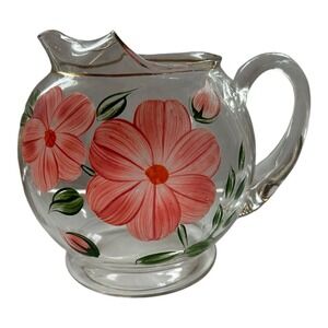 Vtg clear Glass Round Ball Pitcher‎ Hand Painted Flowers ice lip